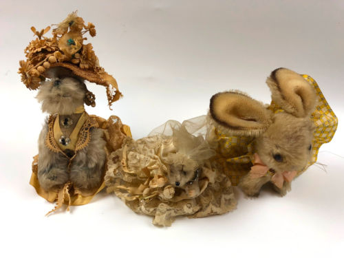 3 Vintage Dressed Steiff OOAK Helen Ratkai Couturiere Dog Mouse Rabbit