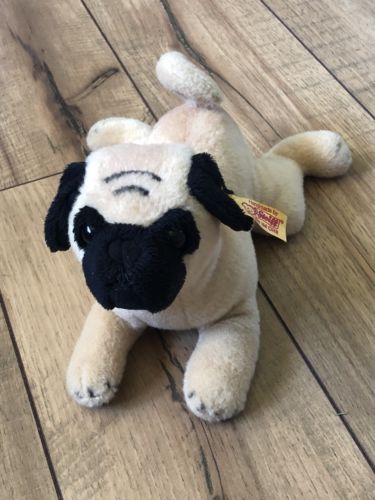 Handmade by Steiff Mopsy Mops Plush Pug Laying Soft Stuffed Animal Dog 9
