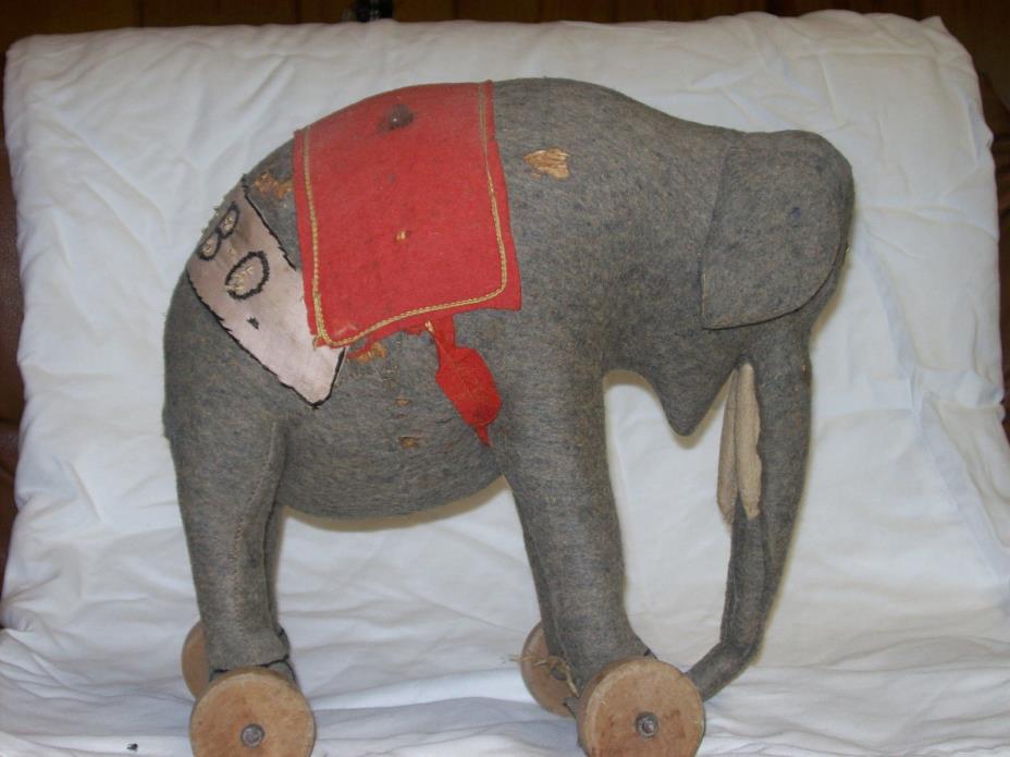 Antique Elephant Straw-Stuffed Pull Toy on Wood Wheels