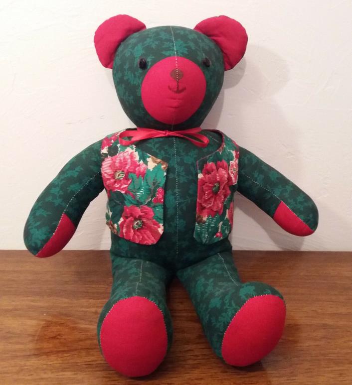 Vintage Christmas Holiday Teddy Bear Hand Made Stuffed Green & Red