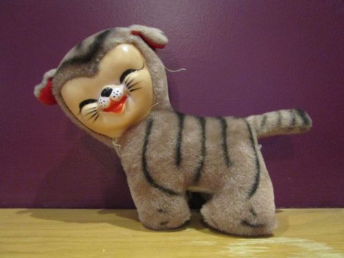 RARE Mohair vintage rubber faced Tabby Cat Kitten stuffed toy cute!