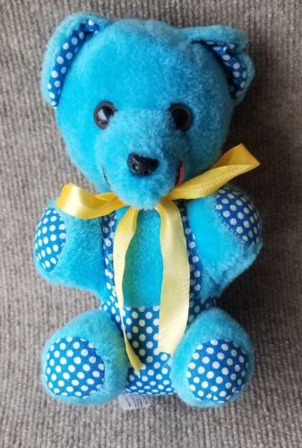 Vintage BEAR Plush Ajean Toy Mfg Co TEDDYBEAR Stuffed Animal Blue Polka Dot