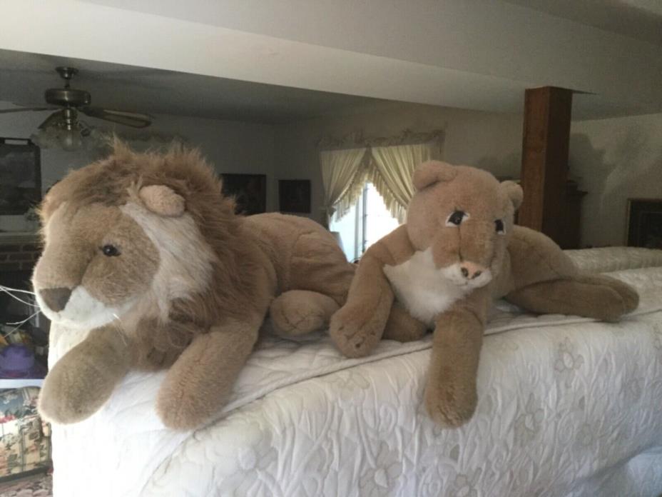 Vtg 2 Jumbo 33” Stuffed Lions Male & Female CHRISHA Playful Plush Large Toy