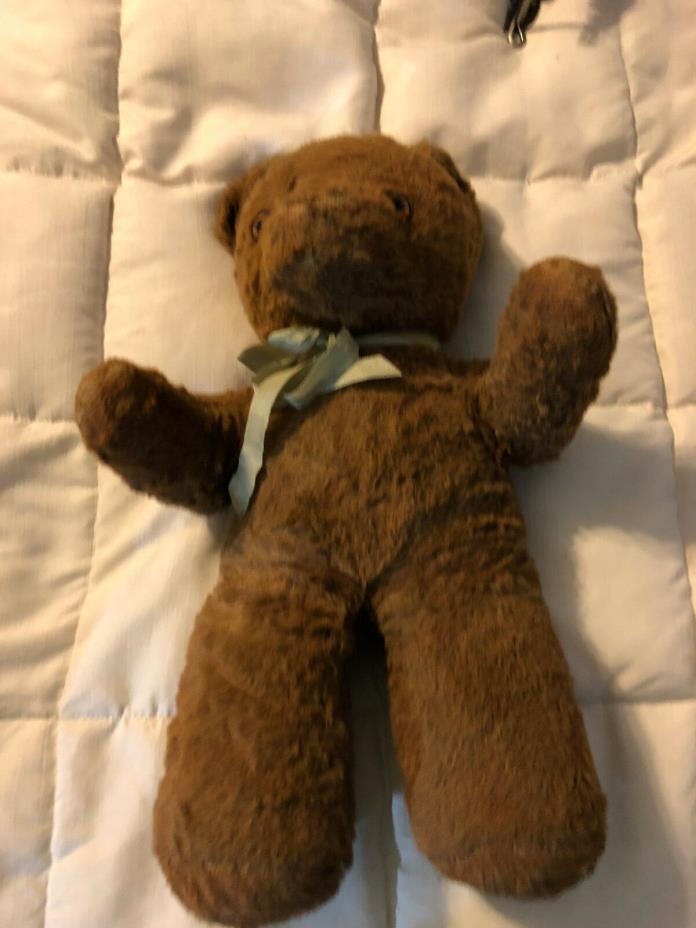 VINTAGE BROWN RIBBON MOHAIR STUFFED TEDDY BEAR DOLL