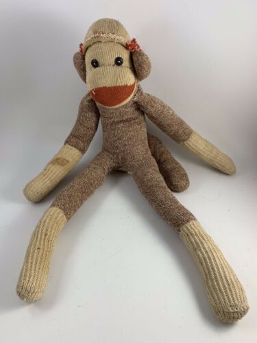 Vintage Brown & Off White Red Heel SOCK MONKEY With Hat & Button Eyes