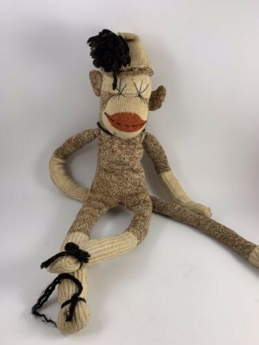 Vintage Brown & Off White Red Heel SOCK MONKEY With Hat
