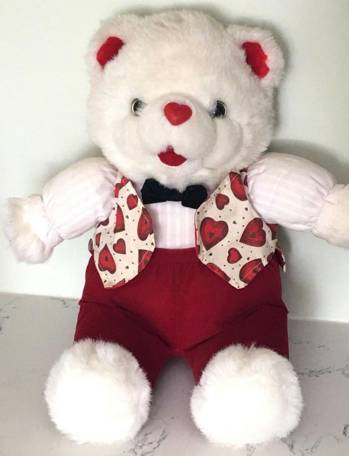 Vtg Plush Teddy Bear Stuffed Animal Valentines White Red Suit Bow 16