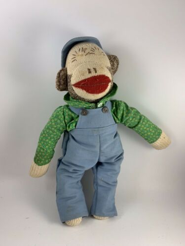 Vintage Brown & Off White Red Heel SOCK MONKEY With Blue Hat & Overalls
