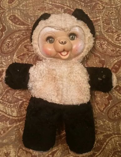 Vintage Plush Rubber Face Panda Bear Stuffed Black White 11