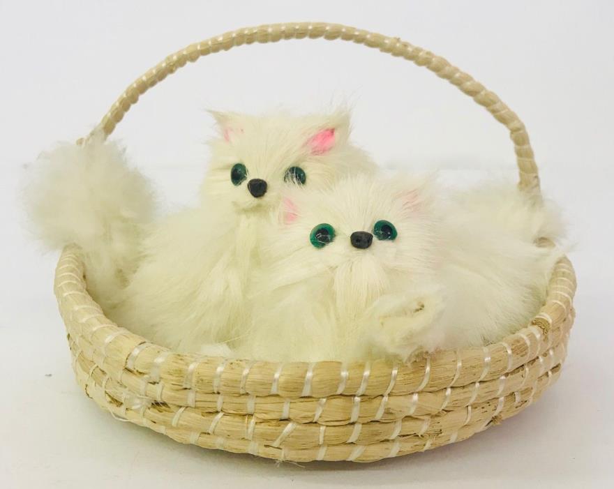 Vintage Real Furry Kittens Cat In Wicker Basket White Green Eyes Cat Collector