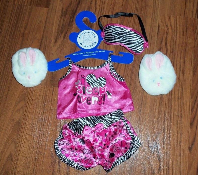 BABW, Build A Bear Clothes Hot Pink Zebra Trim PJ outfit, mask, bunny slippers