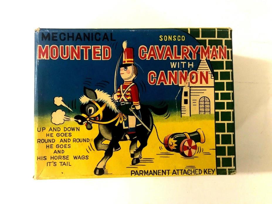 TPS Mounted Cavalry Man Vintage with Cannon, Japan, Windup Tin Toy 1960's  (T)