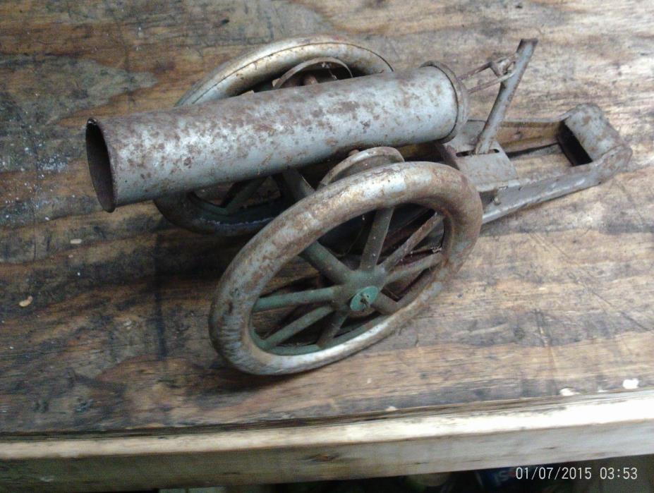Vintage Antique Tin Metal Toy Cannon Rolling Wheels & Pull-Back Firing Pin