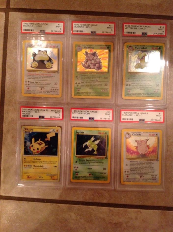 Pokemon 6 Card LOT  PSA 9s Pikachu,Nidoking,Snorlax,Scyther,Clefable,Victreebel