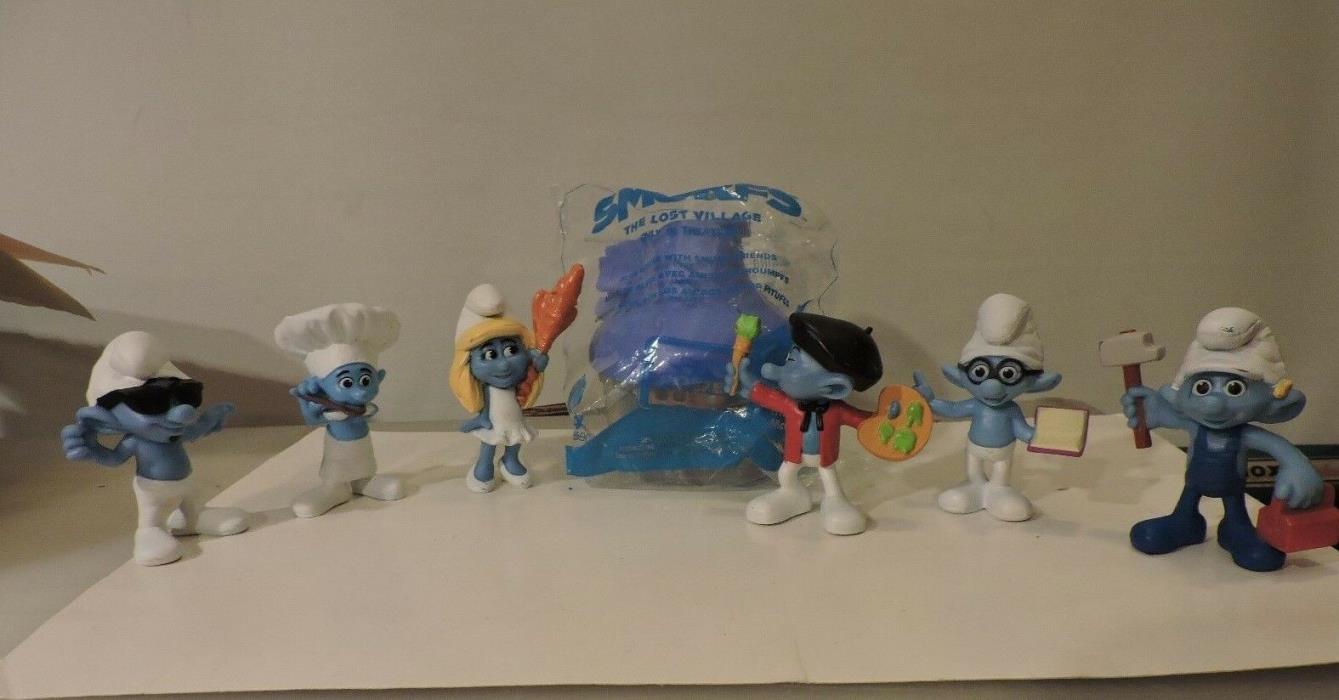 Lot of 6 Smurfs Plus Lost Village Blue House With Smurf Inside (2011-13)