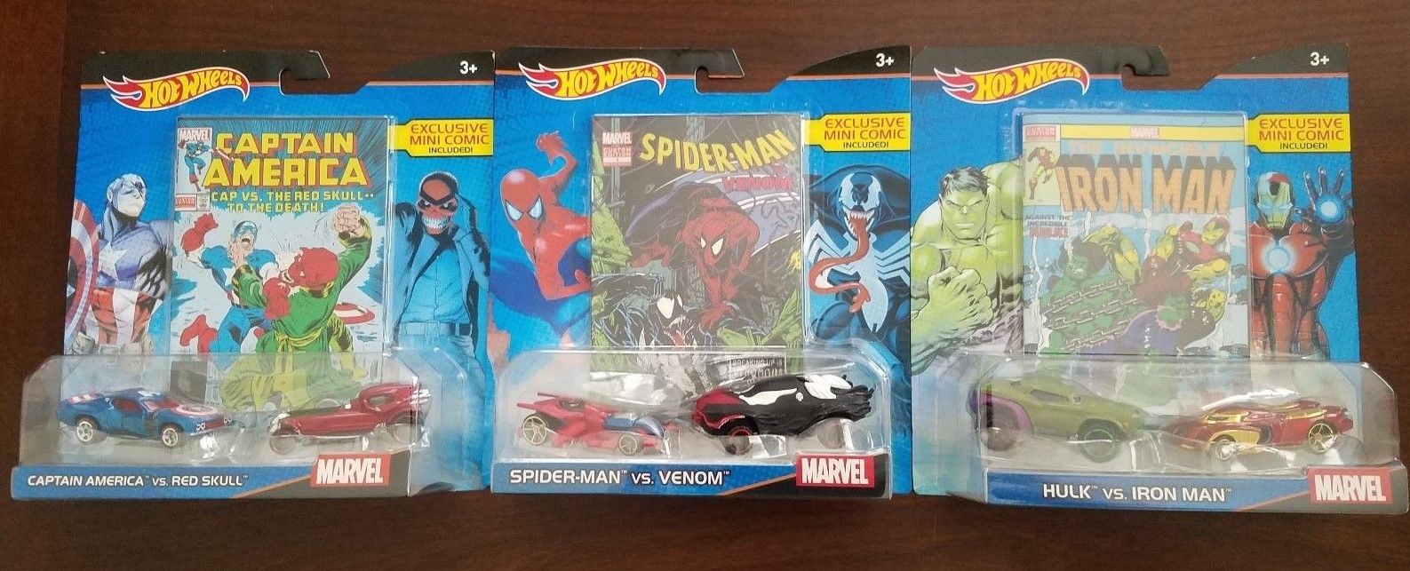 3 Hot Wheels Marvel 2 Pack Character Cars w/ Comics Iron Man, Hulk, Capt America