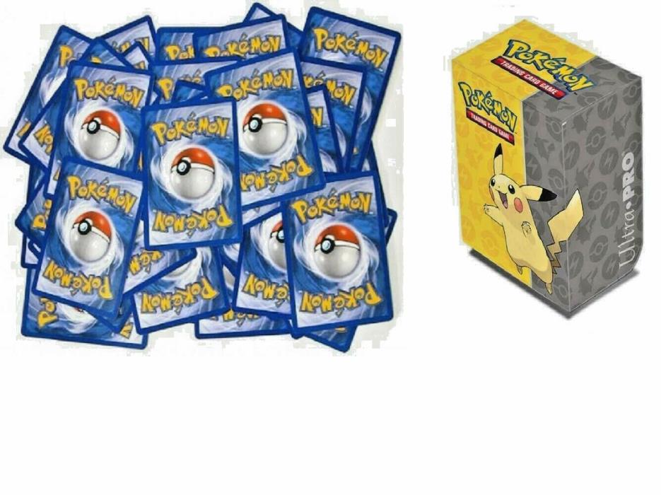 100 Pokemon Cards with 1 EX/GX or Better Card & Pikachu Deck Box Bundle
