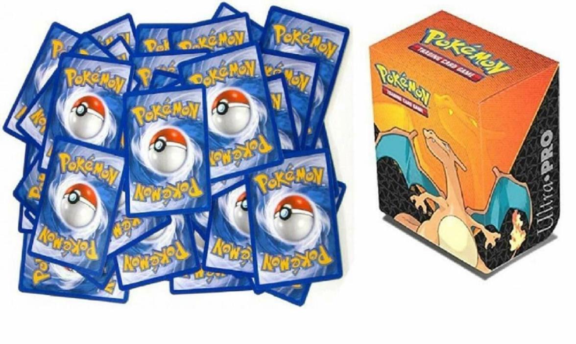 100 Pokemon Cards with 1 EX/GX or Better Card & Charizard Deck Box Bundle