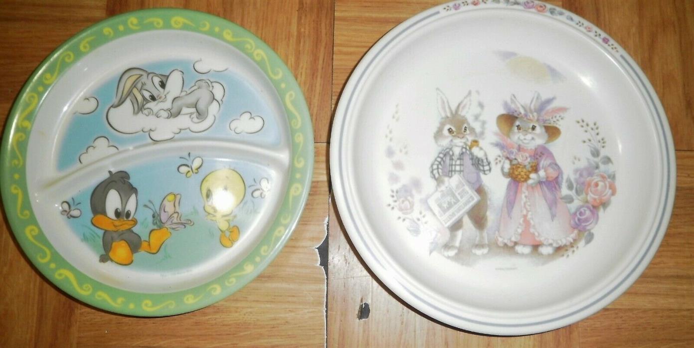 VTG CHILDS 2 pc Plate Lot 1990's BUNNIES ~ BUGS BUNNY  ~ TWEETY  ~ DAFFY KIDS