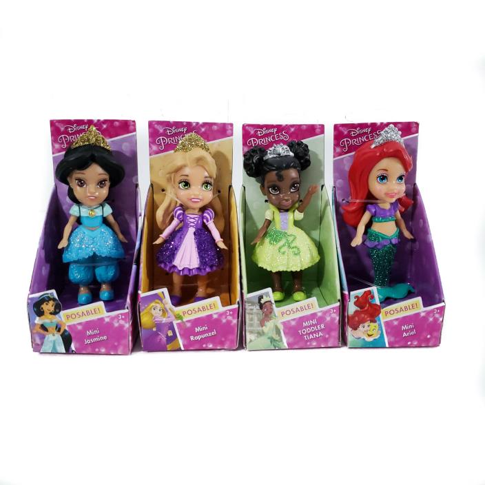 DISNEY 4 Posable Mini Princesses Glitter Sparkles | Cake Toppers | Jasmine Ariel