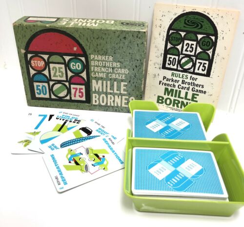 Vintage 1962 MILLE BORNES French Card Game Green Box Tray Instructions All Cards