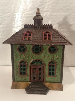 Rare Kenton Cast Iron Large Size - Painted Multi-Color State Bank Still Bank Toy