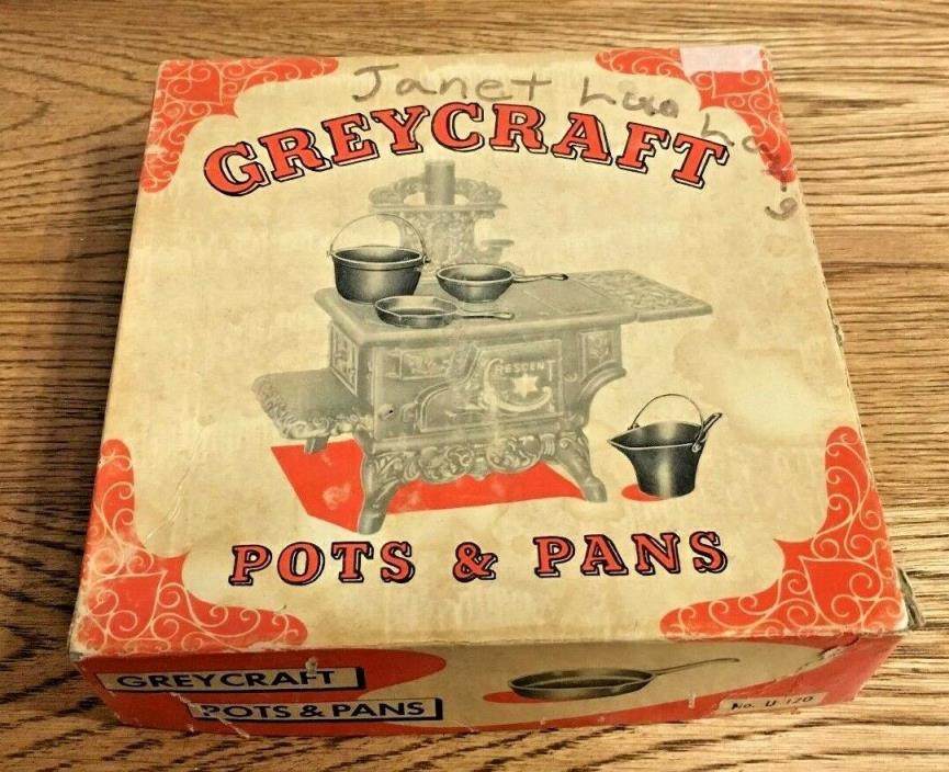 Vintage Greycraft Pots & Pans Set # U-120 Cast Iron Doll Size 4 Piece