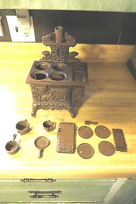 salesmen sample cast iron stove & pots pans lids stove pipe burners side warmer
