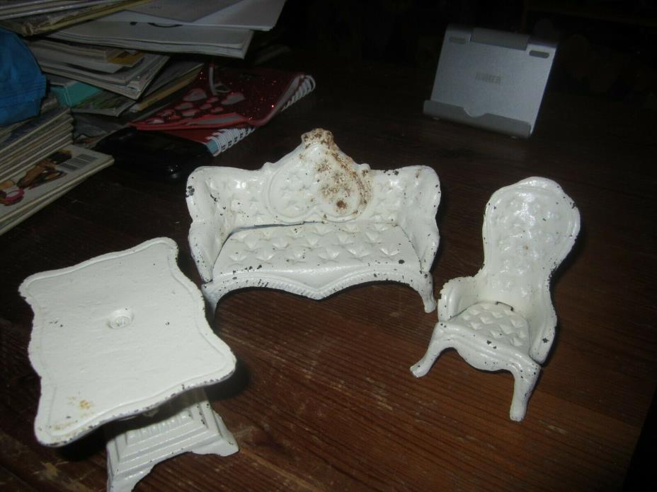 Vintage Cast Iron White Doll Furniture:, Couch, Chair, Table