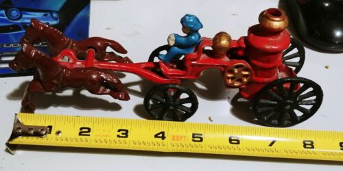 VINTAGE FIRE ENGINE 2 HORSE DRAWN TRUCK WAGON MADE OF CAST IRON  w/ WATER TANK