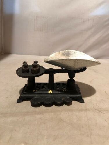 Vintage Miniature Cast Iron Steel Scale With Weights Collectible