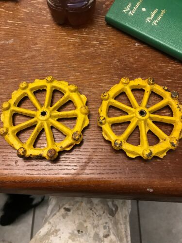 2, CAST IRON Vintage Toy Tractor WHEELS Yellow John Deere