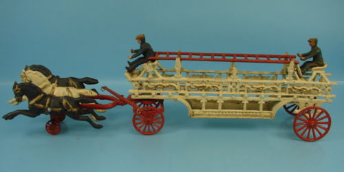 Vintage Cast Iron 3 Horse Drawn Fire Wagon Truck W/ Ladder And Two Men 28