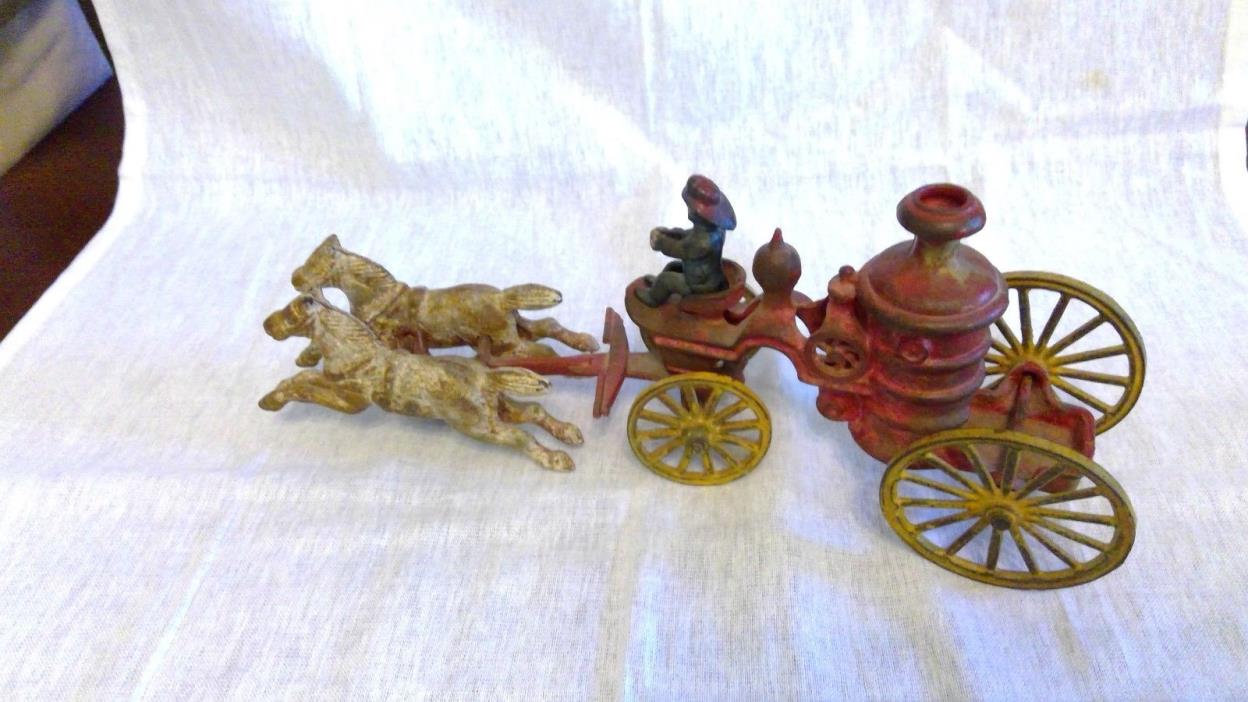Antique Cast Iron Fire Pump Wagon with 2 Galloping horses and driver