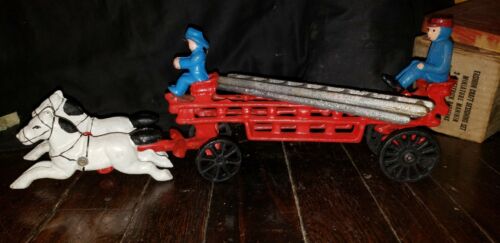 Vintage Cast Iron Large Horse Drawn Fire Truck Wagon With Ladders & 2 Men
