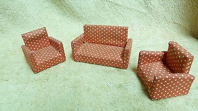 VTG MATCHING RED & WHT DOT SOFA COUCH + 2 CHAIRS DOLLHOUSE MINIATURES #13