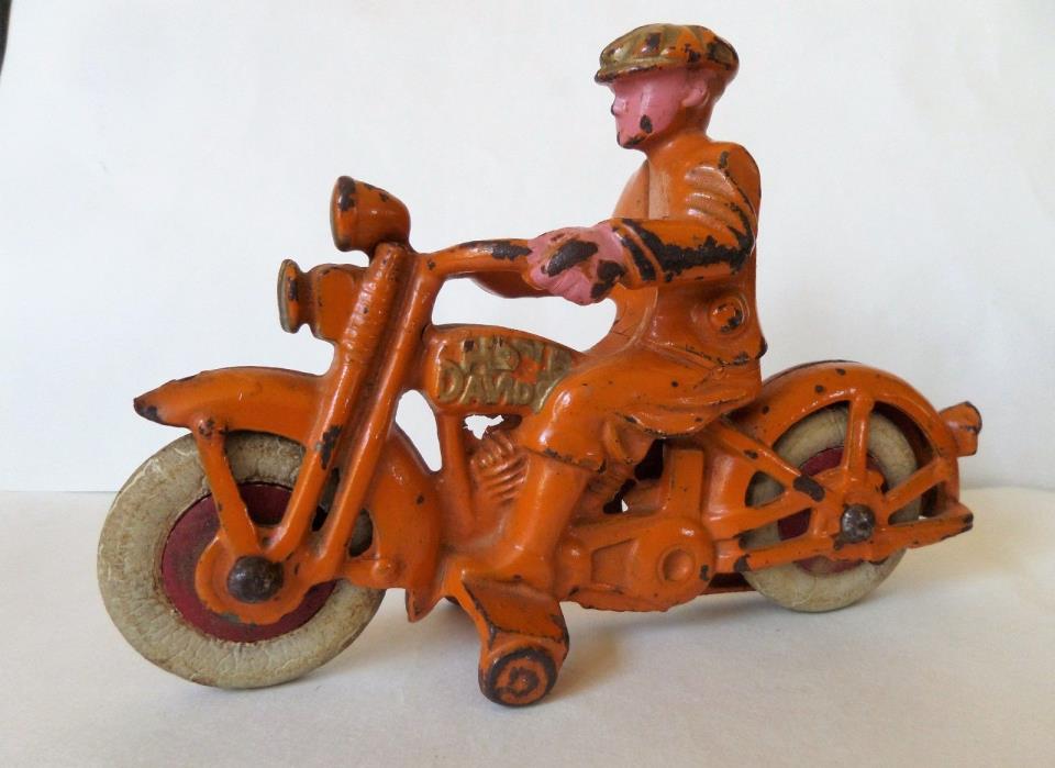Original 1930s Hubley Harley Davidson Cast Iron Civilian Orange Motorcycle