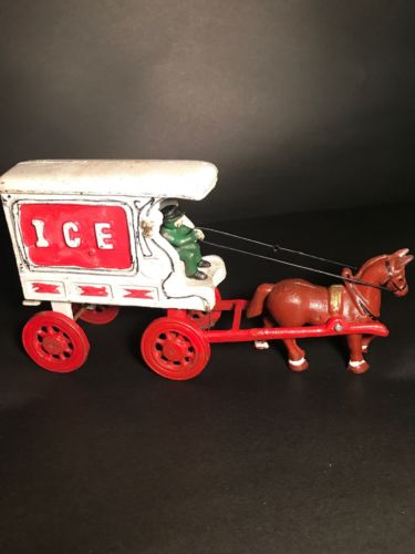 Cast Iron Horse Drawn Ice Wagon Carriage Cart w/ Horse & Man Toy Old Vtg Antique