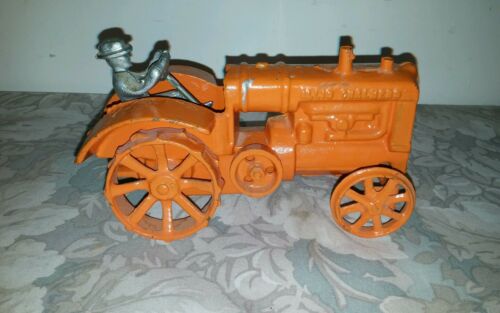 Vtg Allis Chalmers Cast Iron Orange Toy Tractor w/ Driver