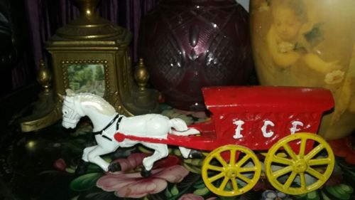 Vintage Horse Drawn Ice Wagon - red wagon - white horse
