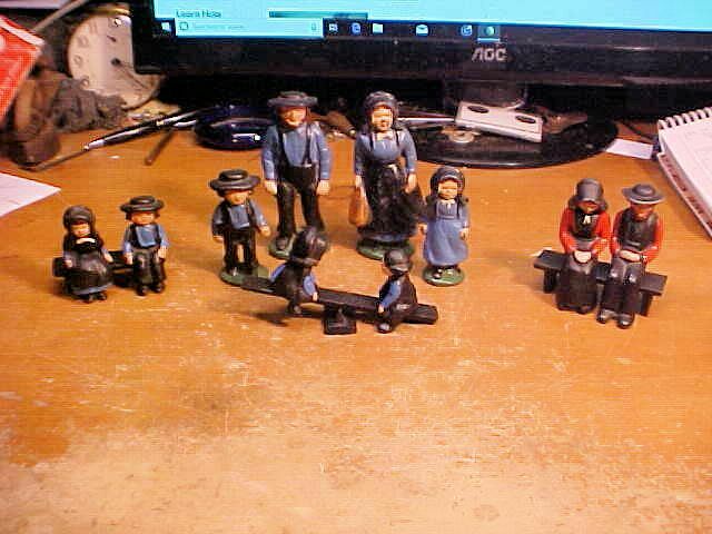 Cast Iron Amish Lot Family See Saw Bench Man Woman Boy Girl Vintage Figures Blue