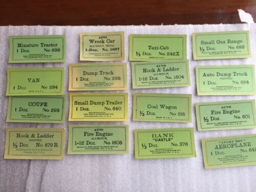 VINTAGE 1920 DENT HARDWARE SET OF 16 DIFFERENT CAST IRON TOY STORE BOX LABEL