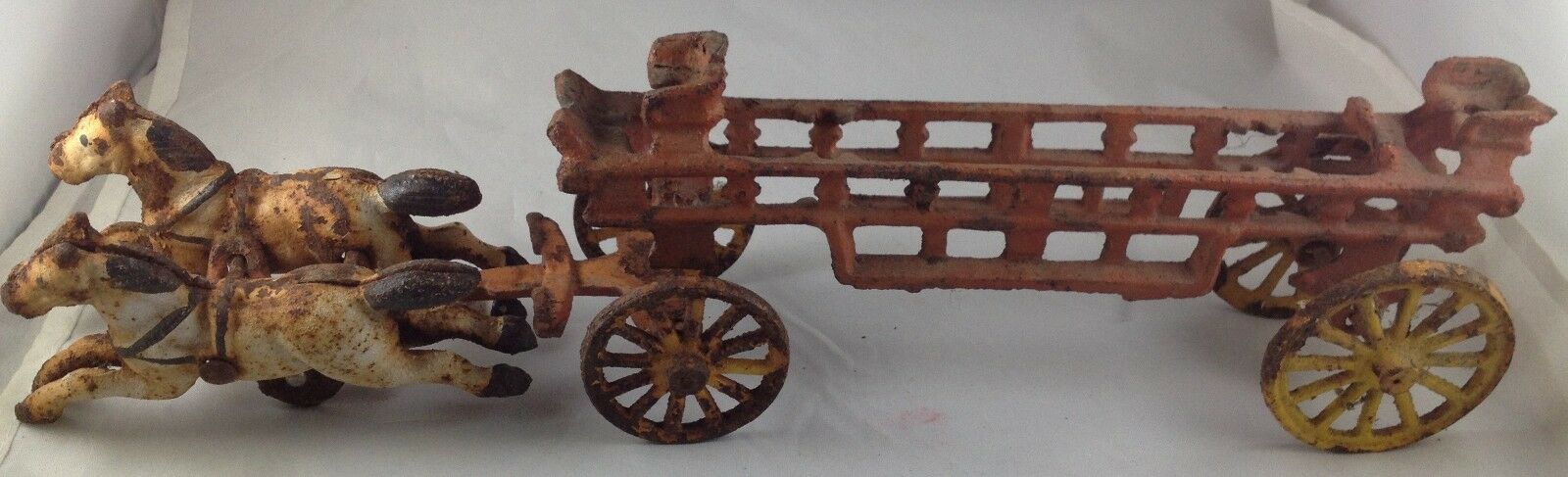 Vintage Cast Iron Horse Drawn Firetruck Toy Wagon Fire Engine Ladder Truck