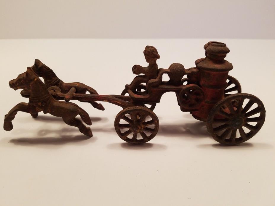 Vintage Cast Iron Horses Pulling Fire Pumper Wagon Toy