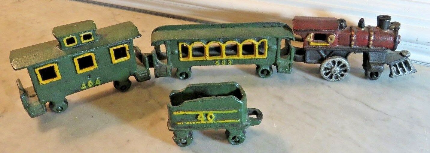 Vintage Cast Iron Train Set Engine Plus Three Cars No. 40, 403, 404