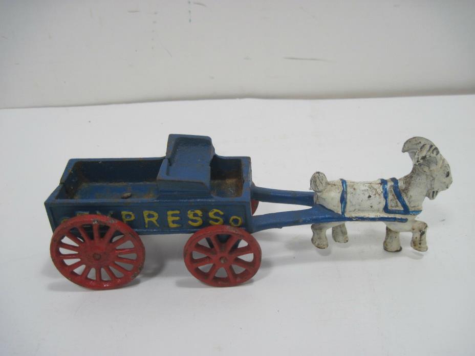 Vintage Cast Iron Goat/Ram Pulling Express Cart With Red Wheels Blue Wagon