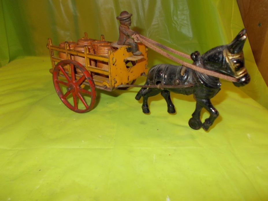 VINTAGE ORIGINAL CAST IRON BARREL CART--DRIVER--DONKEY--FIVE WOOD BARRELS!!