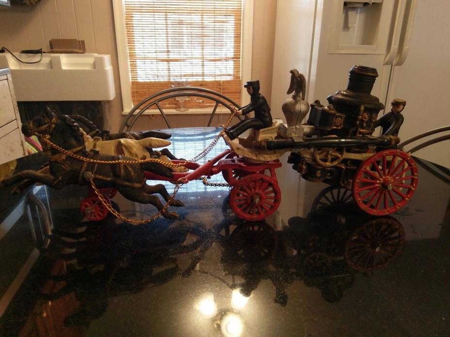 Large Vintage Cast Iron Horse Drawn Fire Wagon