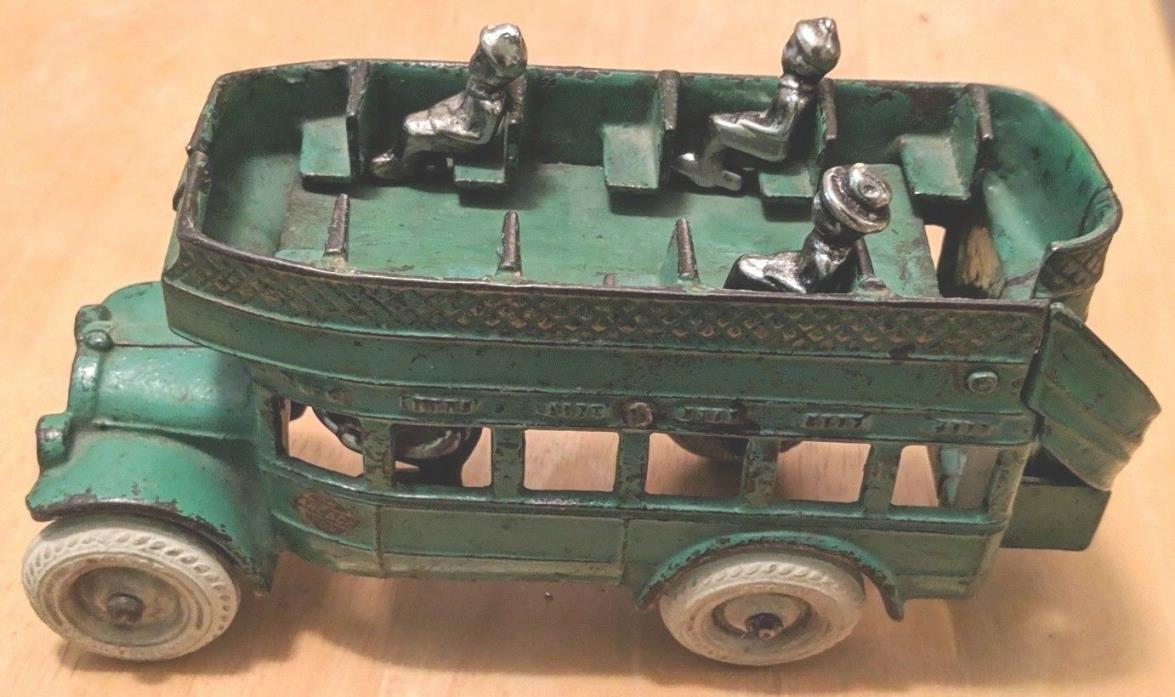 Embossed ARCADE DOUBLE DECKER BUS w Driver & 3 Passengers - Cast Iron w Sticker