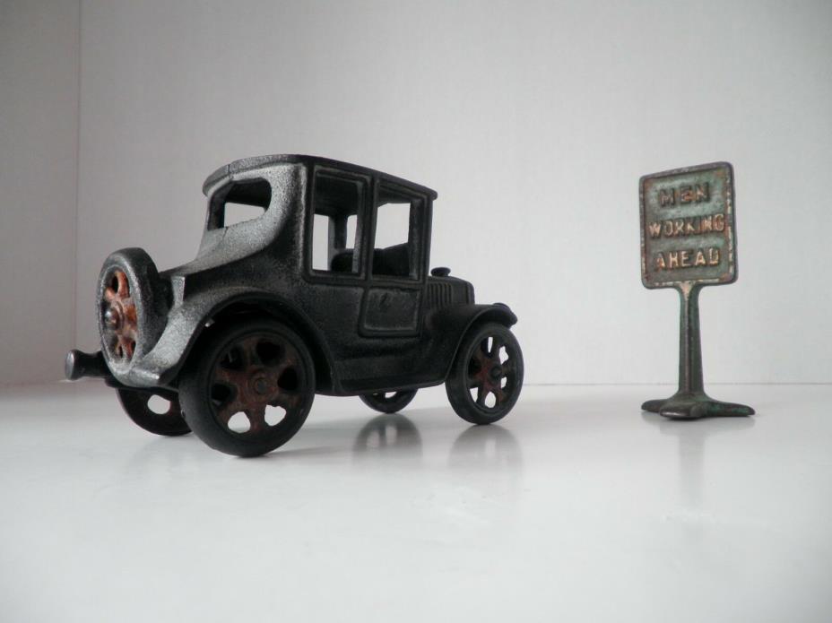 Vintage 1920's Cast Iron Model T Ford Coupe With An Arcade Men Working CI Sign